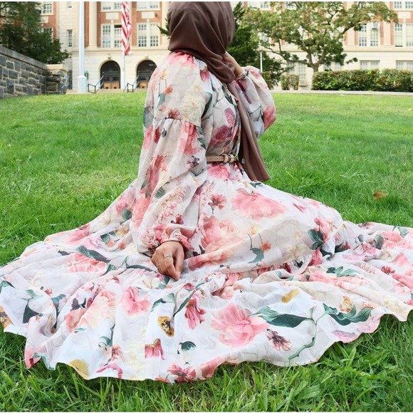 Chiffon Wide Cut Floral Dress Balloon Slee… - Picture 3 of 14